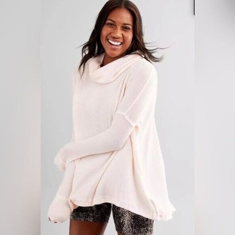 Free People Juicy Long Sleeve Top Cowl Neck Thermal White Womens